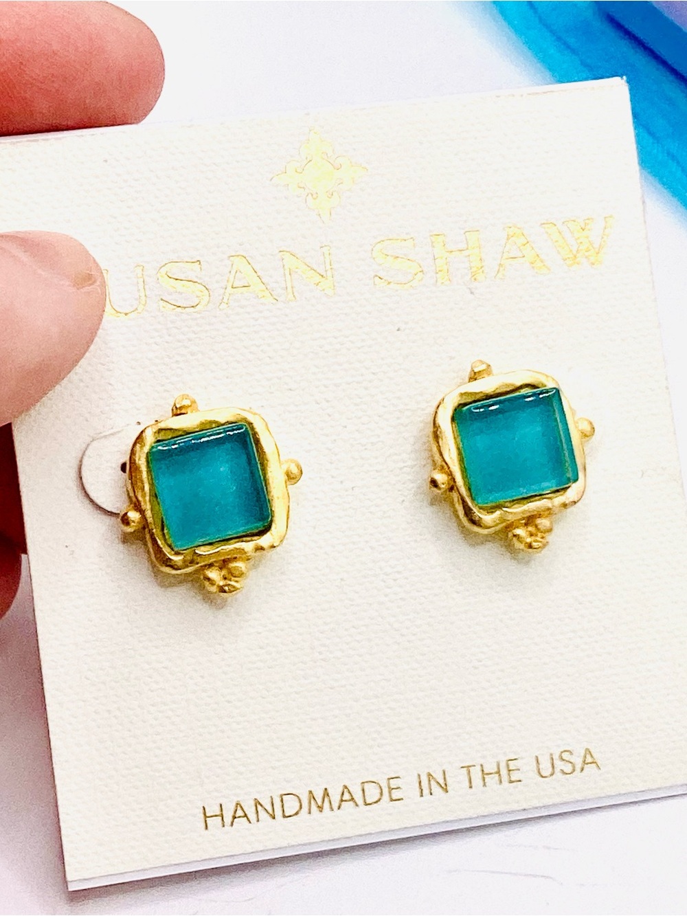Susan Shaw Gold-Tone Earrings with Turquoise Square Gem